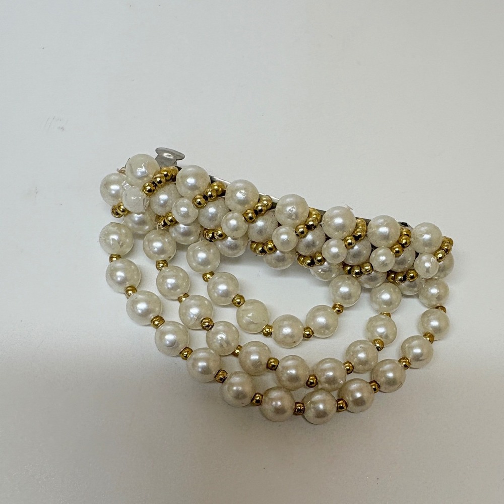 Vintage Style Faux Pearl Draped Strand Hair Barrette Gold Tone Accents
